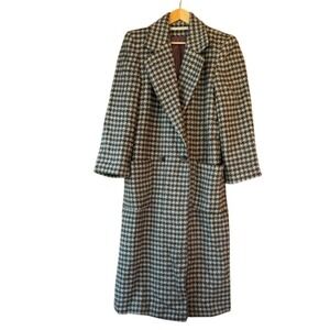 Perry Ellis Long Coat Wool Houndstooth Cream Tan Grey Vintage Women's Size 10